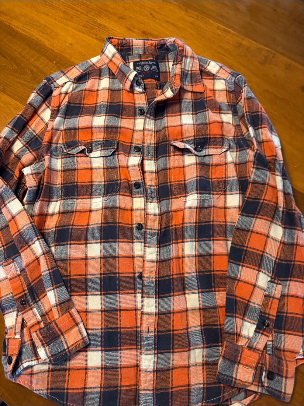 American Eagle Outfitters Orange, Navy and Cream Plaid Button-Down Shirt